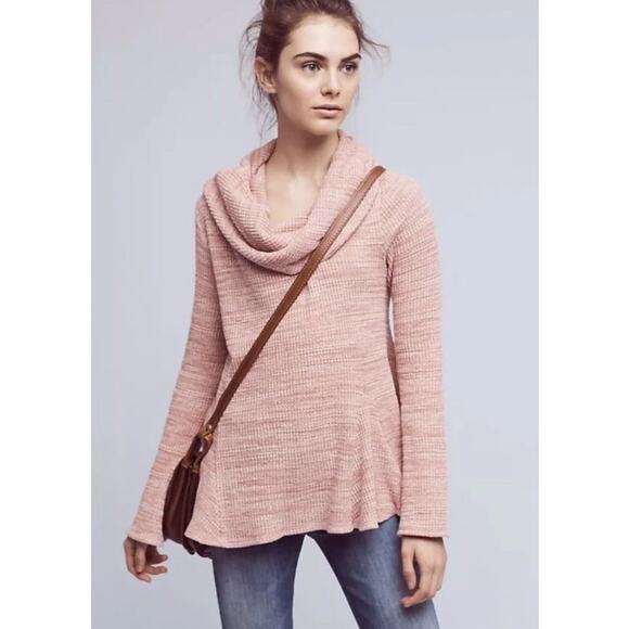 Anthropologie Pink Waffle Knit Flowy Sweater Boho Cowlneck Women's size Small - Picture 9 of 9